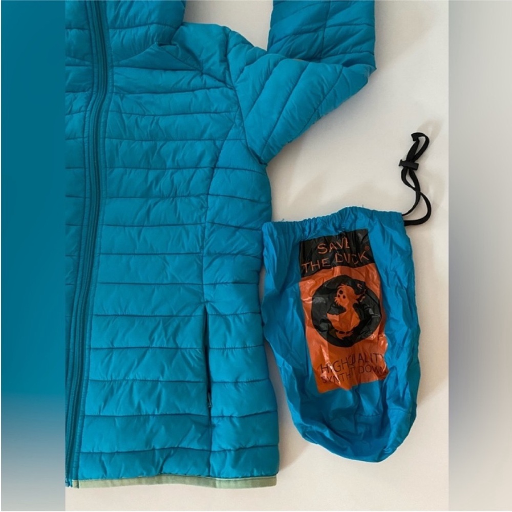SAVE THE DUCK Women's Bright Blue Hooded Puffer Jacket - Picture 12 of 16